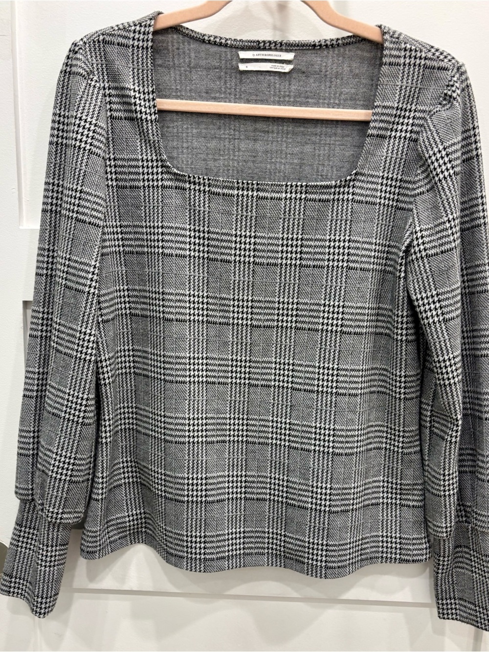 Anthropologie Black and White Plaid Square-Neck Long Sleeve Top